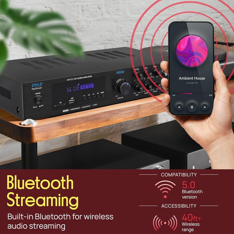 Pyle Bluetooth Audio Amplifier - Home Stereo Receiver with 5 Channels and Subwoofer Out - MP3/USB/SD - AUX - FM Radio - 2 Mic Inputs w/ Echo - VFD Display - Remote Control - PDA8BU - Image 4